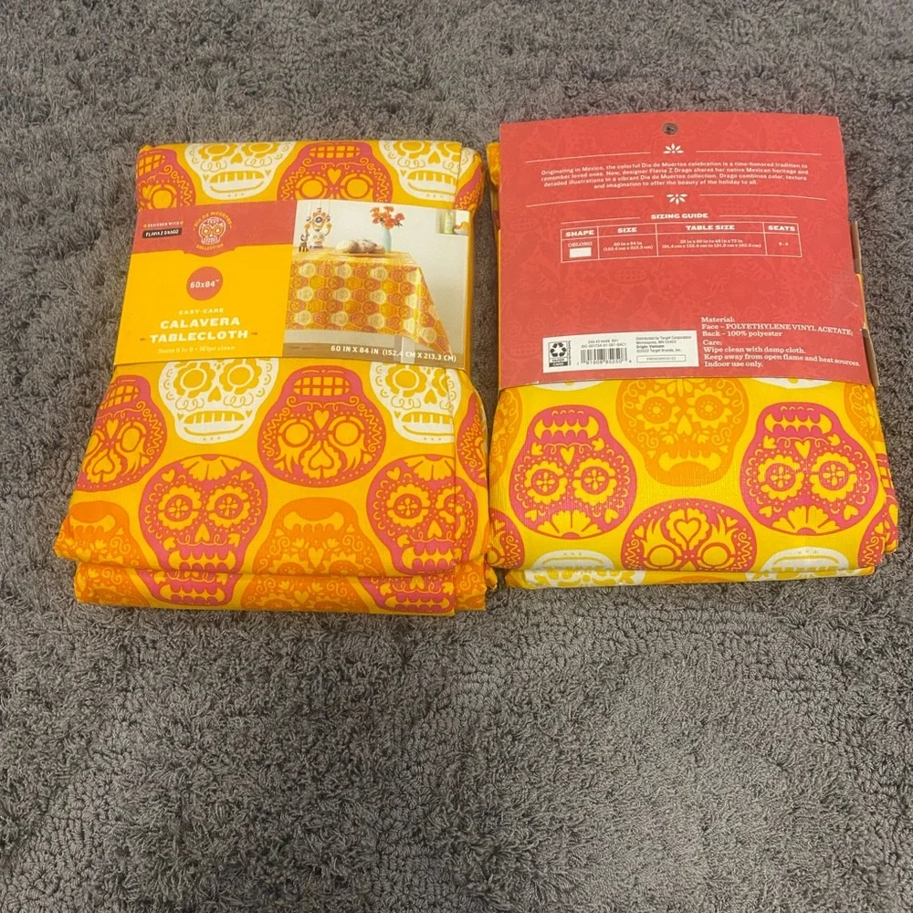 Calavera Day of the Dead Tablecloths - Bright Yellow & Pink Skull Print-Set of 2